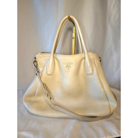 Prada Vitello Daino Tote White Cream Leather with Crossbody Strap Work Bag - Picture 1 of 16